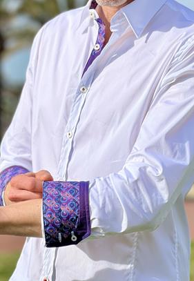 Camisa Blanca Subequo con detalles puño en azul | Aragaza - Tu estilo hecho en Barcelona - Barcelona Fashion - Camisas de Calidad